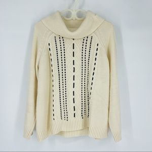 Talbots Cowl Neck Cable Knit Sweater Off-White Black Velvet Detail XL Petite